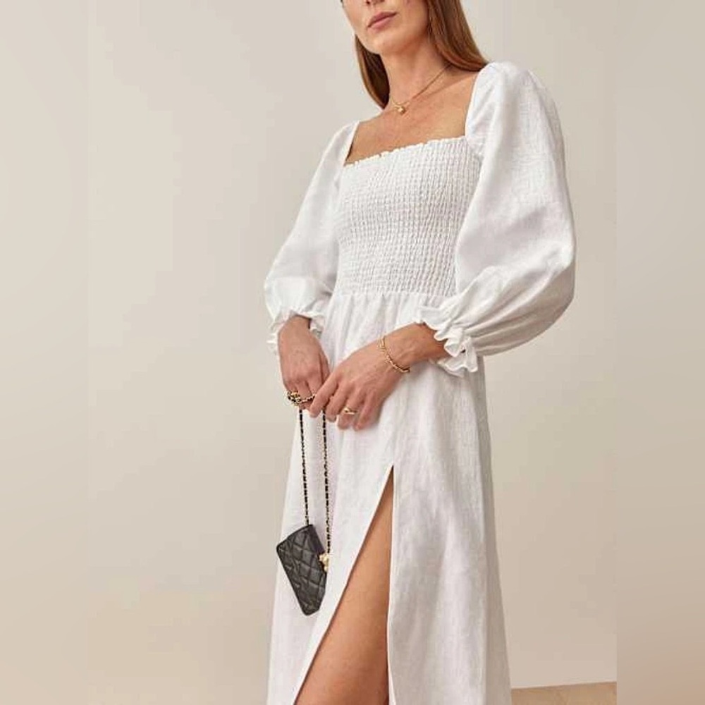 Reformation Gitane White Smocked Linen Sundress Small Petite